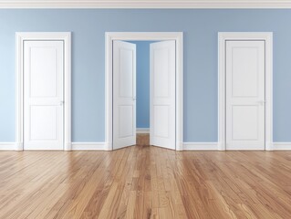 Three Open Doors in a Bright Blue Room with Light Wooden Floor