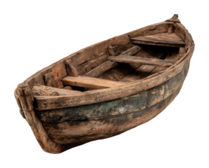 Weathered wooden boat docked by shore coastal landscape rustic view isolated on transparent background