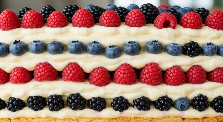 Layered Berry Cream Cake with Raspberries Blueberries and Blackberries