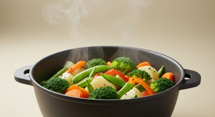 Steaming Mixed Vegetables in a Black Pot