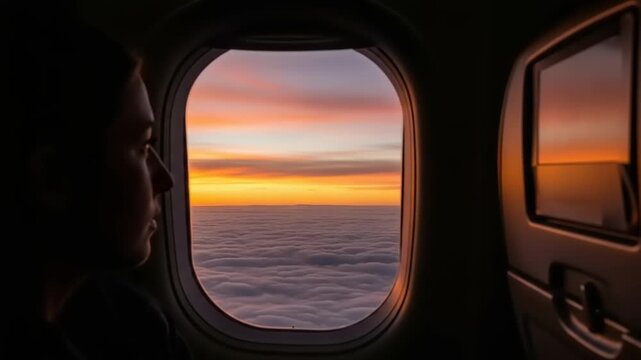 Mesmerizing Sunset Flight: Passenger's Serene Gaze at Golden Clouds from Airplane Window