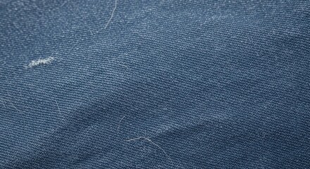 Close-up of blue denim fabric with light wear and some loose threads