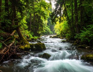 Obraz premium Lush woodland stream featuring dynamic water flow and mossy rocks at sunlight