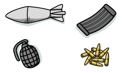 Army weapon set vector illustrations. Missile, munition, hand grenade. Military munition pack equipment isolated on white background