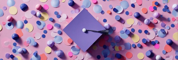 Celebration of Achievement With a Graduation Cap and Colorful Confetti on a Pink Background