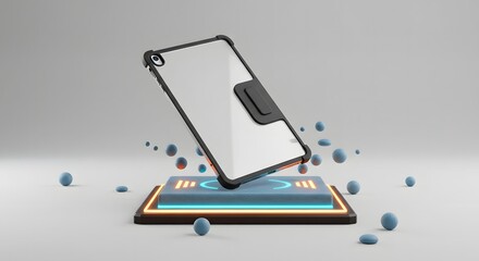 A futuristic, floating tablet with a protective case, hovering above a glowing platform, surrounded by spheres.