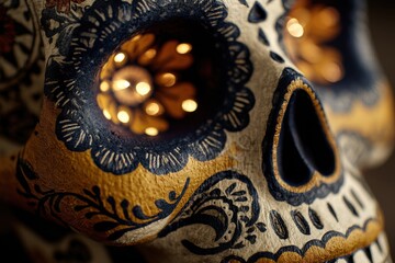 Obraz premium Ornate sugar skull design features intricate details and glowing light sources within its eye sockets.
