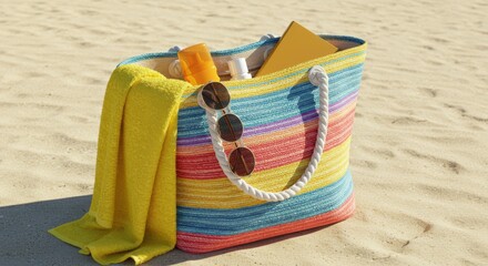 Colorful Striped Beach Bag on Sandy Beach