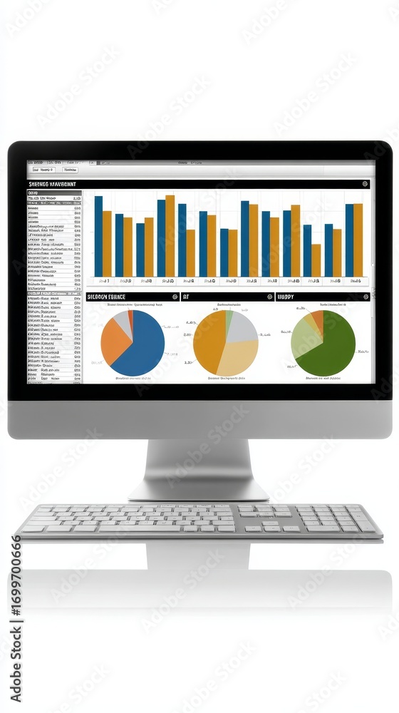 Poster visualizing business performance, desktop computer displaying a vibrant pie chart for data analysis 