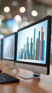 Comprehensive data visualization, analyzing growth trends on a computer monitor through bar charts for effective business insights.