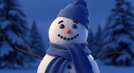 cute snowman wearing blue hat and scarf in a winter forest setting