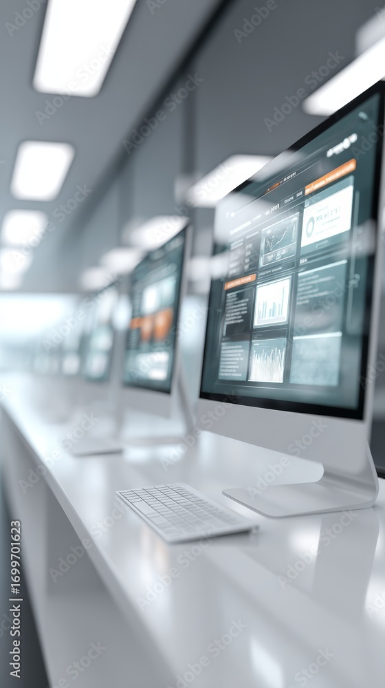 Poster modern workplace technology, a row of computer screens displaying data and information.