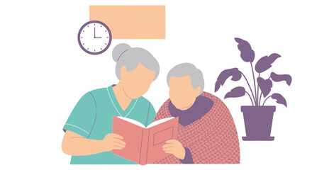 Kind Caregiver Reading a Story to a Senior Woman.
