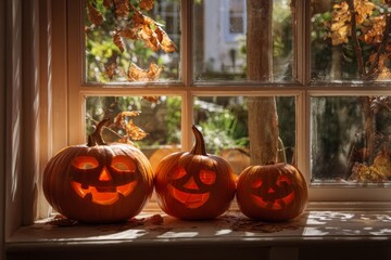 Obraz premium Three pumpkins with faces on them are sitting on a window sill