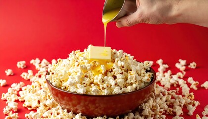 delicious buttery popcorn with melted butter being poured on top