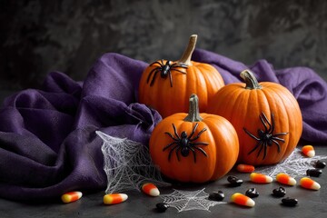 Three small orange pumpkins, adorned with black spiders, sit amongst a dark purple cloth, candy corn, and cobwebs, creating a spooky Halloween display.