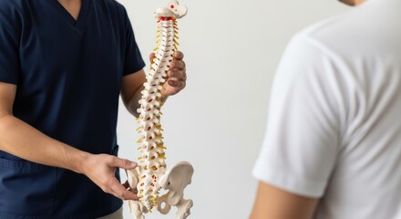 healthcare professional explaining human spine model during consultation