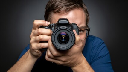 Focused young photographer taking a picture with his DSLR camera