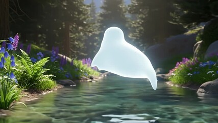 Luminous spirit floats above tranquil river scene