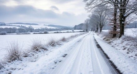 Snowy Country Road Winding Through Bare Winter Trees and Fields Under a Muted Sky