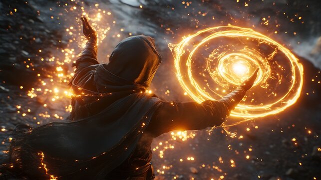 A powerful mage casting a spell, with glowing runes circling their hands and sparks flying in the air .