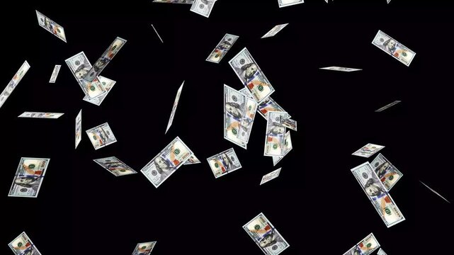 Dollar bills falling on stock video. Raining money stock video over White screen chroma key background 4k. Money explosion overlay isolated Background. Banknotes money flying down Animation. - Powered by Adobe