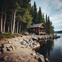 Lakeside Cabin Retreat Nestled Amidst Tranquil Woods and Rocky Shore