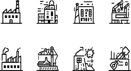 Fototapeta premium Industrial flat icon set in black and white style | factory, tools, machinery, engineering symbols.