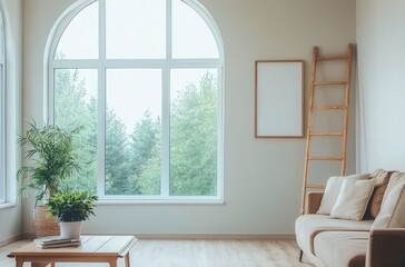 Fototapeta premium Bright and Cozy Living Room with Large Windows and Nature View