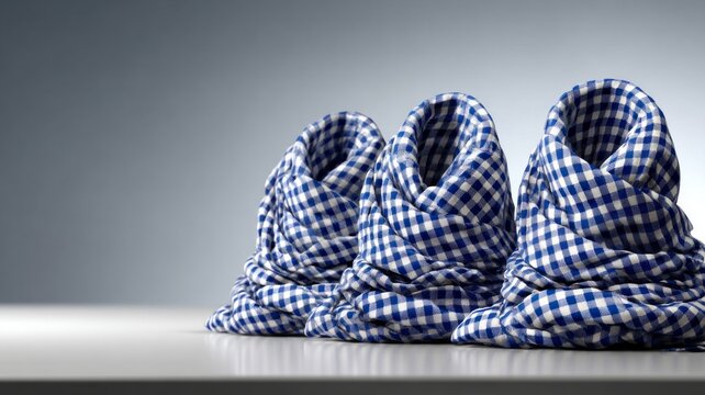 Three blue and white checkered blankets are piled on top of each other