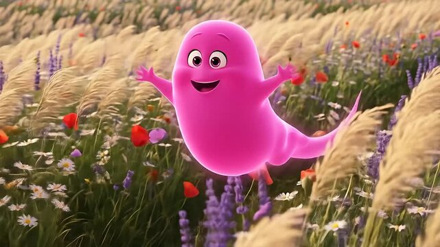 A playful pink character joyfully frolicking through a vibrant flower field under a clear sky