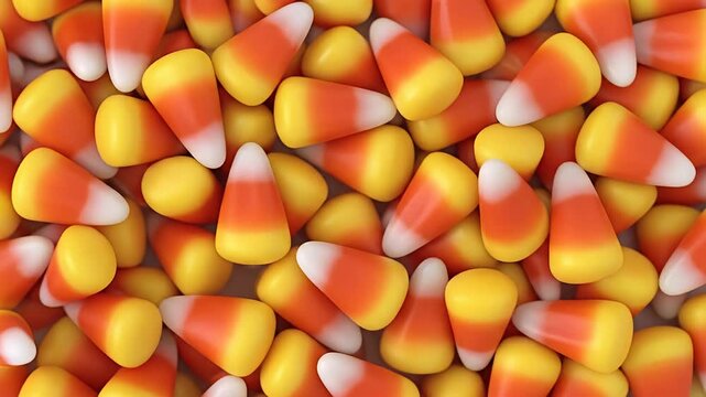 Close-up view of colorful candy corn scattered on a surface, ideal for autumn celebrations