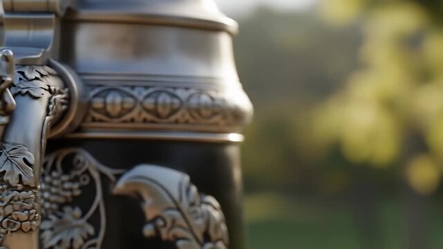 Intricately designed silver stein featuring a gnome, set against a blurred natural background