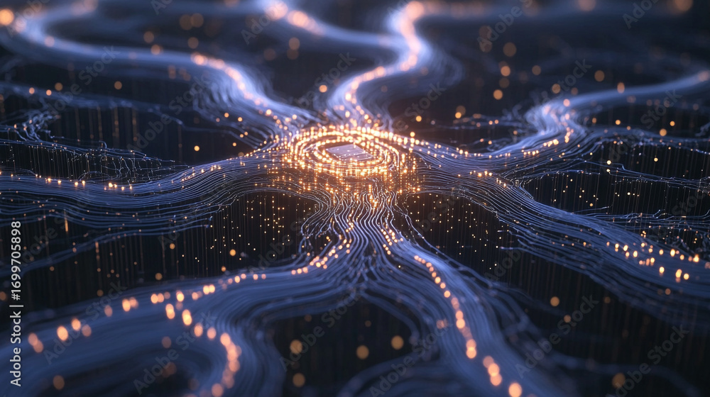Poster Abstract glowing network digital data streams flowing towards central processing unit