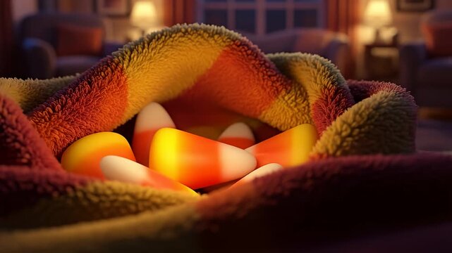 Colorful candy corn nestled in a cozy blanket, with warm lighting and a homey background