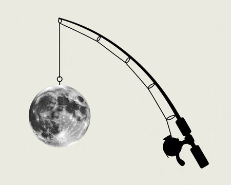 A fishing rod catches the moon, a whimsical scene of lunar fishing, a metaphor for reaching the unattainable and dreaming beyond limits