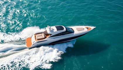 Fototapeta premium Sleek white luxury motor yacht speeding across turquoise ocean waters.