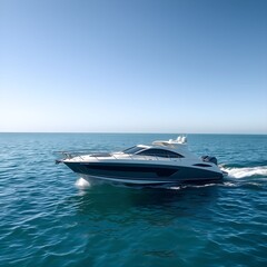 A sleek, modern yacht gracefully cuts through the calm, blue ocean waters under a clear, sunny sky.