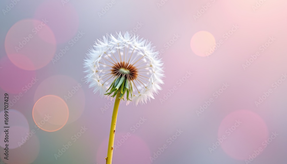 Poster delicate dandelion seed head with soft bokeh background in pastel colors on a bright spring day