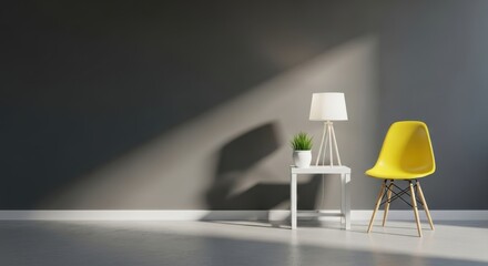 Modern minimalist interior design yellow chair white side table lamp spotlight dramatic lighting