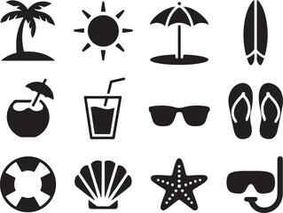 Summer vacation icons for travel, leisure, and beach fun