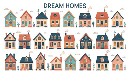 Fototapeta premium Vector art of collection of charming dream homes with unique architectural styles