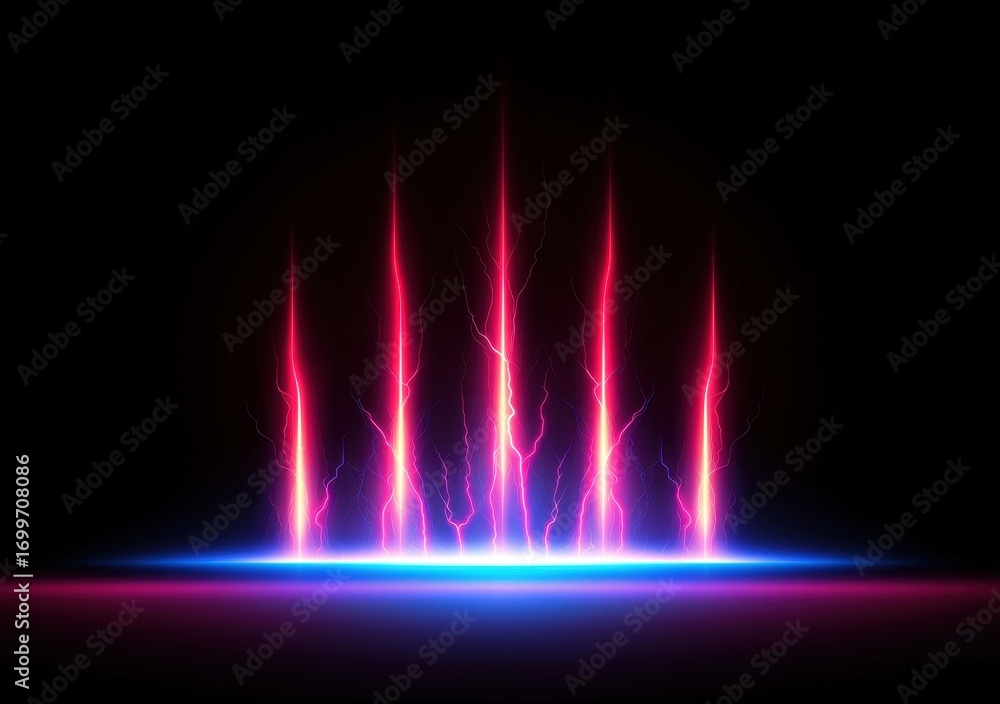 Poster neon light rays emanating from ground in dark abstract background