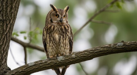 Obraz premium Majestic Long-Eared Owl Perched on Branch, Intense Gaze, Forest Backdrop