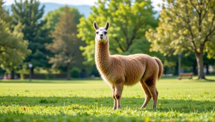 Fototapeta premium Charming and Playful Llama Standing Gracefully in a Lush Green Park Surrounded by Trees and Nature