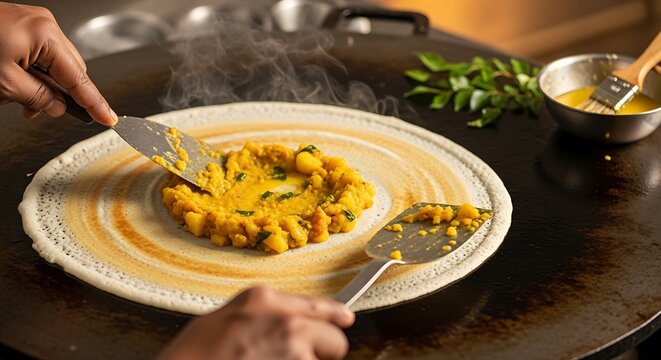 Food preparation of masala dosa with potato filling