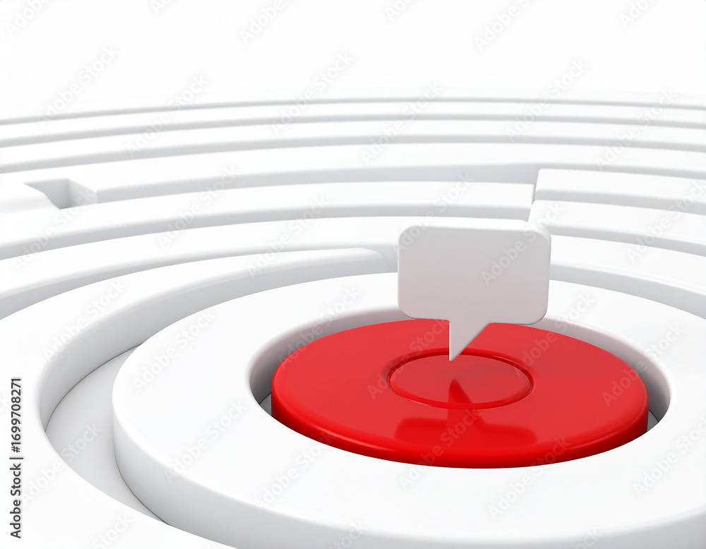 Poster 3d red circle target with white speech bubble on white maze abstract communication