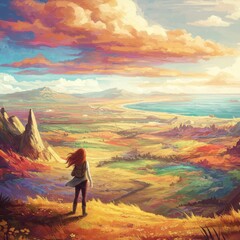 Fototapeta premium Woman with Red Hair on Hilltop Overlooking Autumn Landscape at Sunset