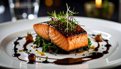 Exquisite Plated Salmon Dish with Garnish on a White Plate for Fine Dining Experience