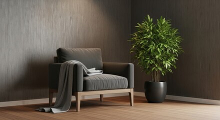 Cozy modern armchair with throws and lush green plant in stylish room decor